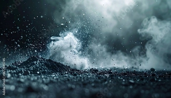 Obraz Dramatic Shot of Dark Dust Explosion with Cloud of Particles and Smoky Haze Ground Impact