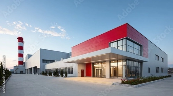 Fototapeta Modern industrial building and factory chimney. Architectural design for production plant with red and gray facade. Business property for manufacturing campus.