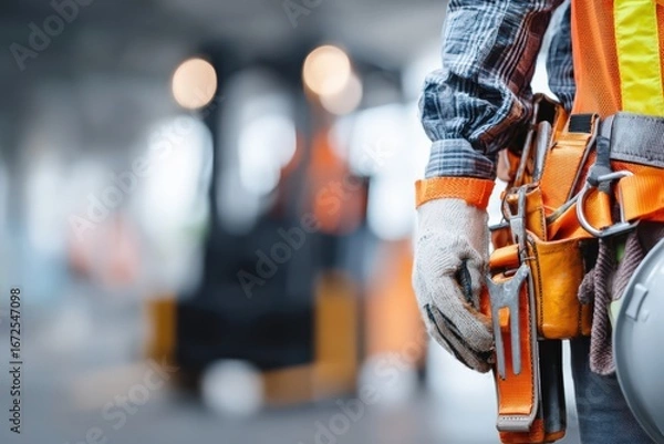 Fototapeta Forklift operator in safety belt ready for operation at construction site Generative AI