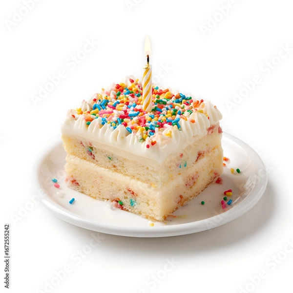 Fototapeta Single serving square birthday cake slice with sprinkles and candle