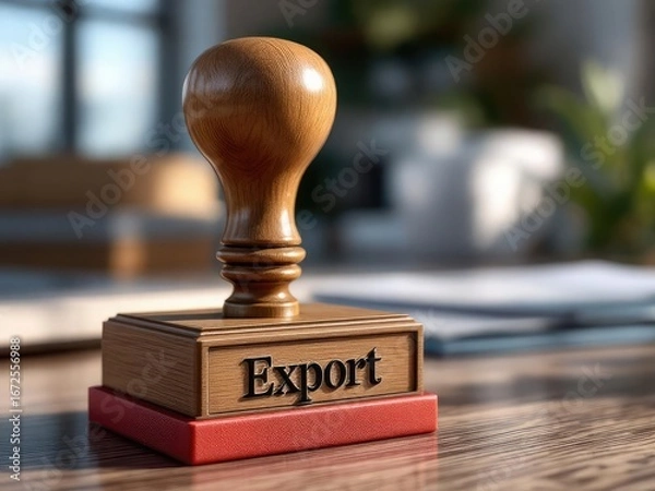 Fototapeta Rubber stamp with the inscription 'Export' engraved on its surface The stamp features a sturdy wooden handle, polished to a shine, and has a square, red rubber