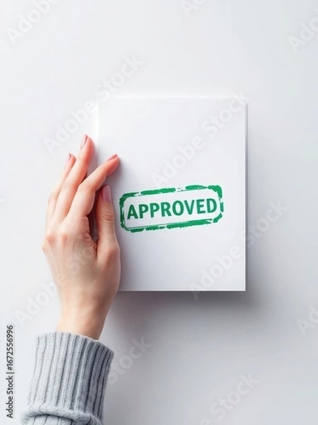 Fototapeta Female hand applying a green ink stamp that reads 'APPROVED' The hand is gracefully curved around the stamp as it hovers above a clean, white surface