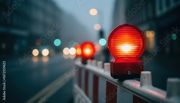 Fototapeta Nighttime road construction barrier with warning light in urban environment during low visibility