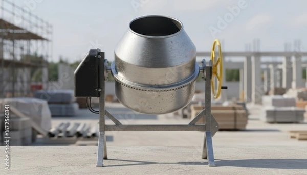 Fototapeta construction site with a concrete mixer drum on a frameless background for roadwork and