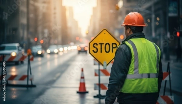 Fototapeta Construction Worker Managing Road Closure with Stop Sign in Urban Environment during Dawn