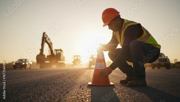 Fototapeta construction worker inspecting roadwork at sunset with heavy machinery in background