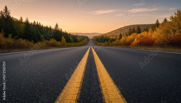 Fototapeta Long Empty Road Extending Towards Sunset Through Forested Landscape with Mountain Backdrop and
