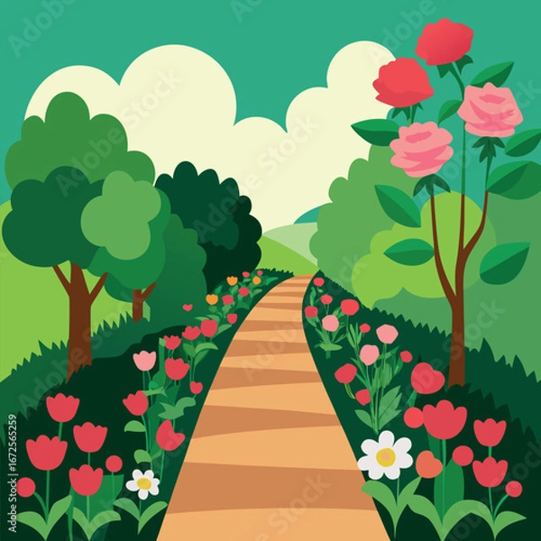 Obraz Garden pathway surrounded by blooming flowers in spring