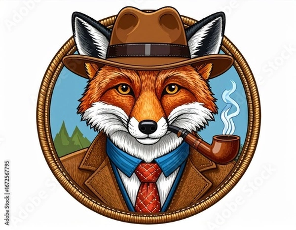 Obraz Fox in Tweed Suit and Brown Hat Smoking a Pipe in a Nostalgic Portrait Illustration