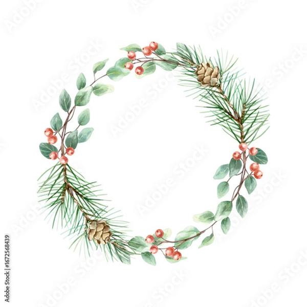 Obraz Christmas wreath with green fir branch, sprig of red berries, pine cone and eucalyptus. Hand drawn rustic watercolor pastel illustration for New Year cards and banners.