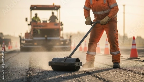 Fototapeta Construction Worker Using Road Roller for Asphalt Paving with Heavy Machinery in Roadwork Zone at