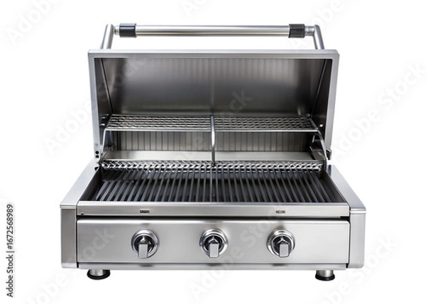 Fototapeta Stainless steel gas grill with open lid and warming rack, isolated on transparent background