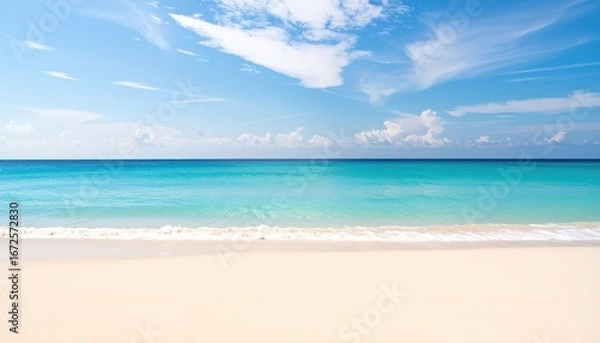 Fototapeta Serene tropical beach scene with turquoise water and white sand under a bright blue sky