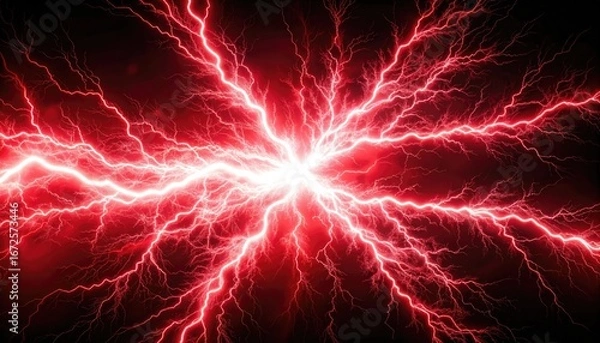 Fototapeta Red electrical energy bursts radiate outwards in a dramatic display of power.
