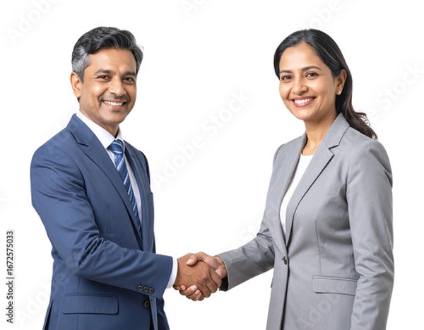 Fototapeta Realistic illustration of a middle aged businesswoman in professional attire shaking