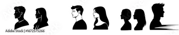 Fototapeta Modern illustration featuring the silhouettes of a man and woman in profile, forming a modern set against a white background