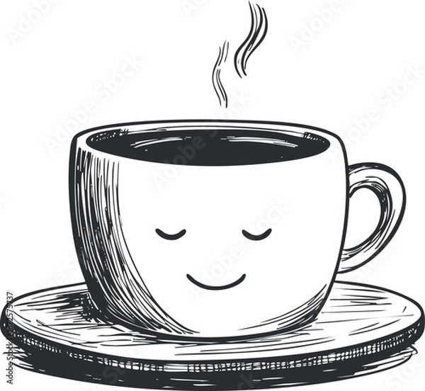 Fototapeta Hand drawn illustration of a smiling coffee cup with steam on a saucer representing warmth and relaxation.