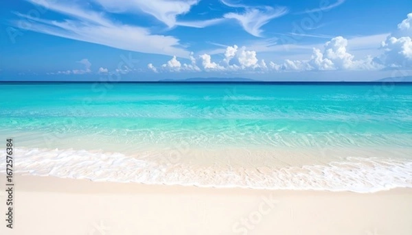 Fototapeta Serene turquoise ocean waves gently lap a pristine white sand beach under a vibrant blue sky.