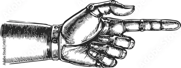 Fototapeta Detailed vintage engraving style vector sketch of the robotic hand with pointing finger gesture. Isolated on white, featuring mechanical joints and bolts, in a retro fantasy aesthetic.