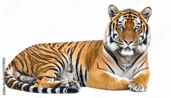 Fototapeta Majestic tiger resting peacefully on a white background