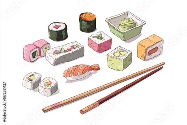 Fototapeta Simple illustration of Asian food items, sushi rolls and chopsticks, minimal details, isolated on white background. Concept of Japanese cuisine, dining, and food culture.