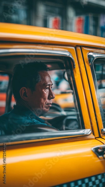 Fototapeta Taxi driver sitting behind the wheel of a yellow cab, visible through the side window, urban street in the background. Transportation, city life, and professional drivers.