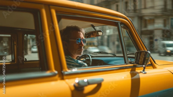 Fototapeta Taxi driver sitting behind the wheel of a yellow cab, visible through the side window, urban street in the background. Transportation, city life, and professional drivers.