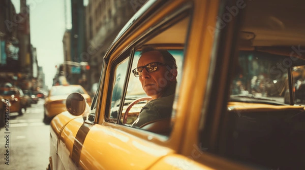 Fototapeta Taxi driver sitting behind the wheel of a yellow cab, visible through the side window, urban street in the background. Transportation, city life, and professional drivers.