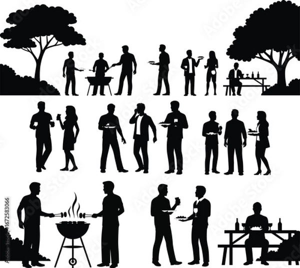 Fototapeta Silhouette scene of a summer barbecue party with people and trees grill