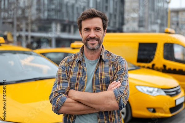 Fototapeta Taxi driver standing confidently in front of yellow cab with folded arms, urban street in the background, daytime lighting. Concept of professional driver, city transportation, and taxi service.