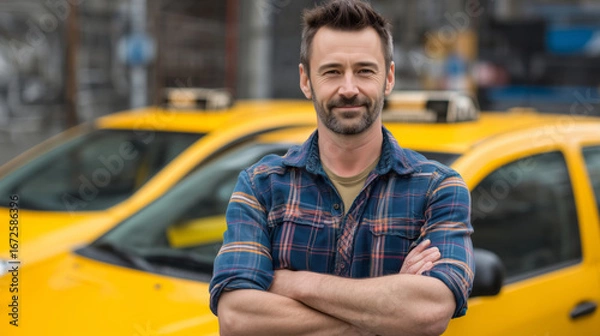 Fototapeta Taxi driver standing confidently in front of yellow cab with folded arms, urban street in the background, daytime lighting. Concept of professional driver, city transportation, and taxi service.