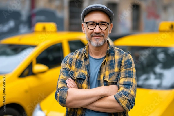 Fototapeta Taxi driver standing confidently in front of yellow cab with folded arms, urban street in the background, daytime lighting. Concept of professional driver, city transportation, and taxi service.