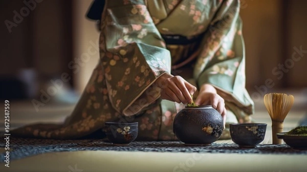 Obraz Traditional Japanese or Chinese Asian Eastern tea ceremony, woman in kimono gracefully preparing tea in cups using elegant utensils in a tatami room.