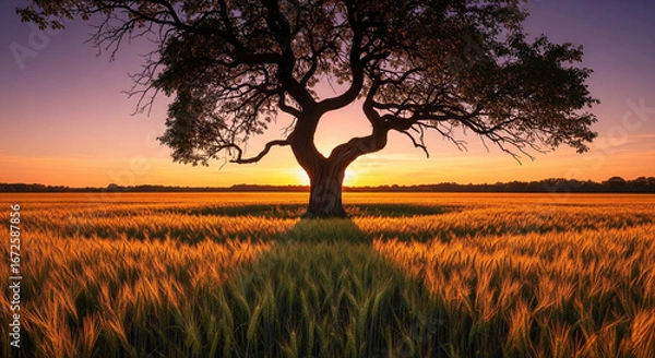 Fototapeta Lone Tree in Wheat Field at Sunset