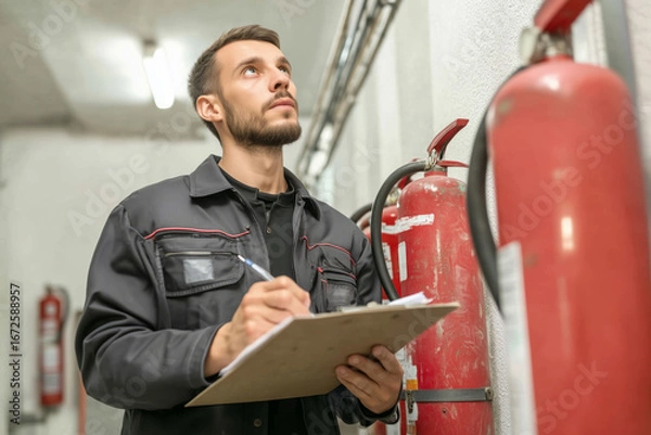 Fototapeta Technician inspecting a fire extinguisher on wall, holding clipboard with papers. Workplace or building fire safety inspection, routine maintenance of emergency equipment. 