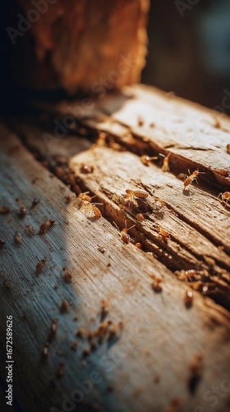 Fototapeta Close-up of termites on damaged wooden furniture. Pest infestation, extermination or pest insect control solutions in the household. 