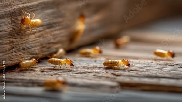 Fototapeta Close-up of termites on damaged wooden furniture. Pest infestation, extermination or pest insect control solutions in the household. 