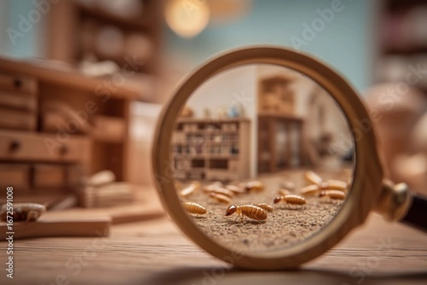 Fototapeta Close-up of termites under a magnifying glass, on damaged wooden furniture. Pest infestation, extermination or pest insect control solutions in the household. 