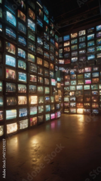 Obraz Blurred background of Wall of multiple televisions, each screen displaying different scenes. Overwhelming atmosphere, symbolizing media overload, propaganda, and the impact of constant news coverage.