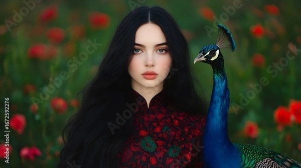 Fototapeta Dark haired woman with peacock in red flower field, dramatic portrait with symbolic wildlife bond, cinematic aesthetic concept with nature inspired harmony and exotic connection