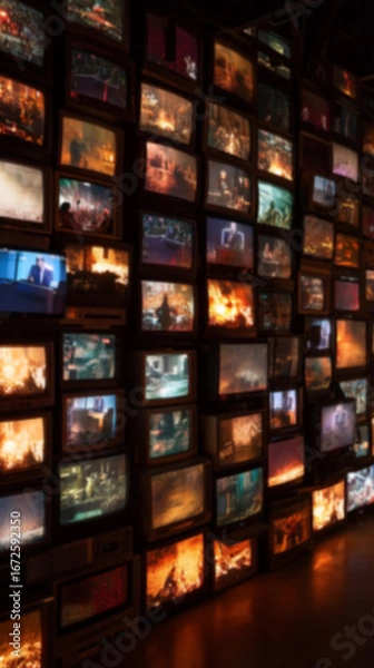 Fototapeta Blurred background of Wall of multiple televisions, each screen displaying different scenes. Overwhelming atmosphere, symbolizing media overload, propaganda, and the impact of constant news coverage.
