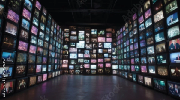 Fototapeta Blurred background of Wall of multiple televisions, each screen displaying different scenes. Overwhelming atmosphere, symbolizing media overload, propaganda, and the impact of constant news coverage.