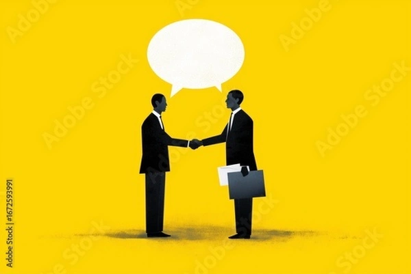 Fototapeta Two businessmen with empty speech bubble between them. One man is holding paper documents. Communication, negotiation, or discussion. Business talks, corporate dialogue, agreement, teamwork