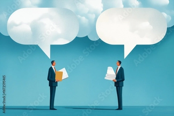 Fototapeta Two businessmen with empty speech bubble between them. One man is holding paper documents. Communication, negotiation, or discussion. Business talks, corporate dialogue, agreement, teamwork