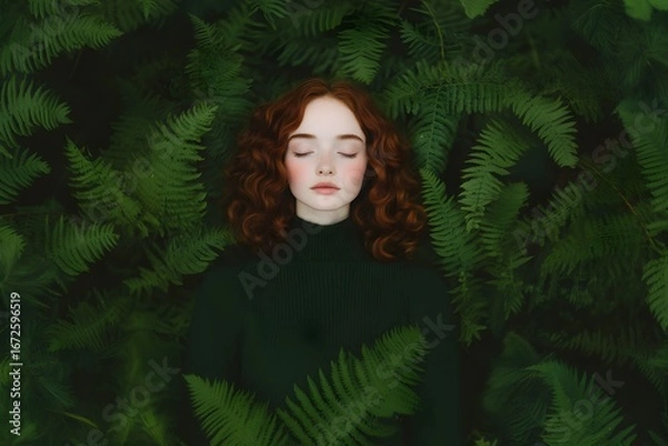 Fototapeta Redhead woman in dark green turtleneck lying in lush fern leaves, Artistic nature portrait with closed eyes, Minimal fashion concept, Botanical background and natural harmony