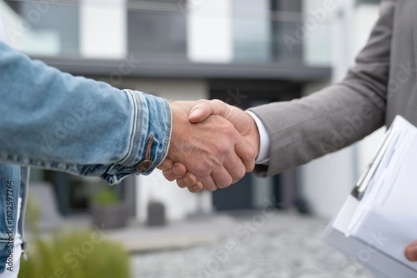 Obraz Two people shaking hands in front of modern house, successful real estate deal. Buying, selling, or renting property, as well as trust, agreement, and partnership in real estate transactions.