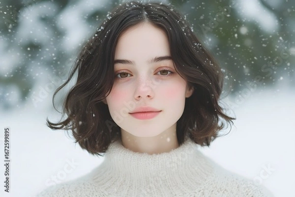 Fototapeta Young woman with short dark hair wearing white sweater, standing outdoors in falling snow, winter portrait with natural beauty, seasonal fashion and cold weather lifestyle