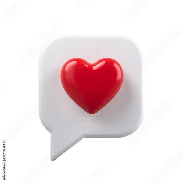 Fototapeta Glossy red heart icon in a modern chat bubble 3d render for social media and design