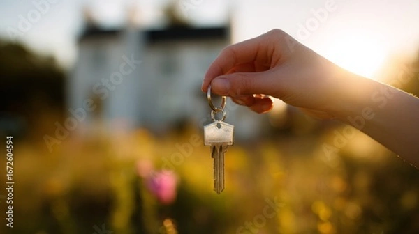 Fototapeta House key in hand with home in background