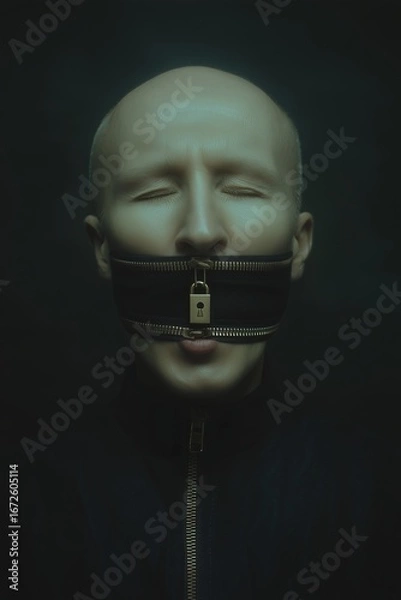 Fototapeta Surreal close-up portrait of a man with his mouth visually replaced by a closed zipper or padlock, symbolizing silence, censorship, and lack of freedom of speech. Dark, muted tones and conceptual art 